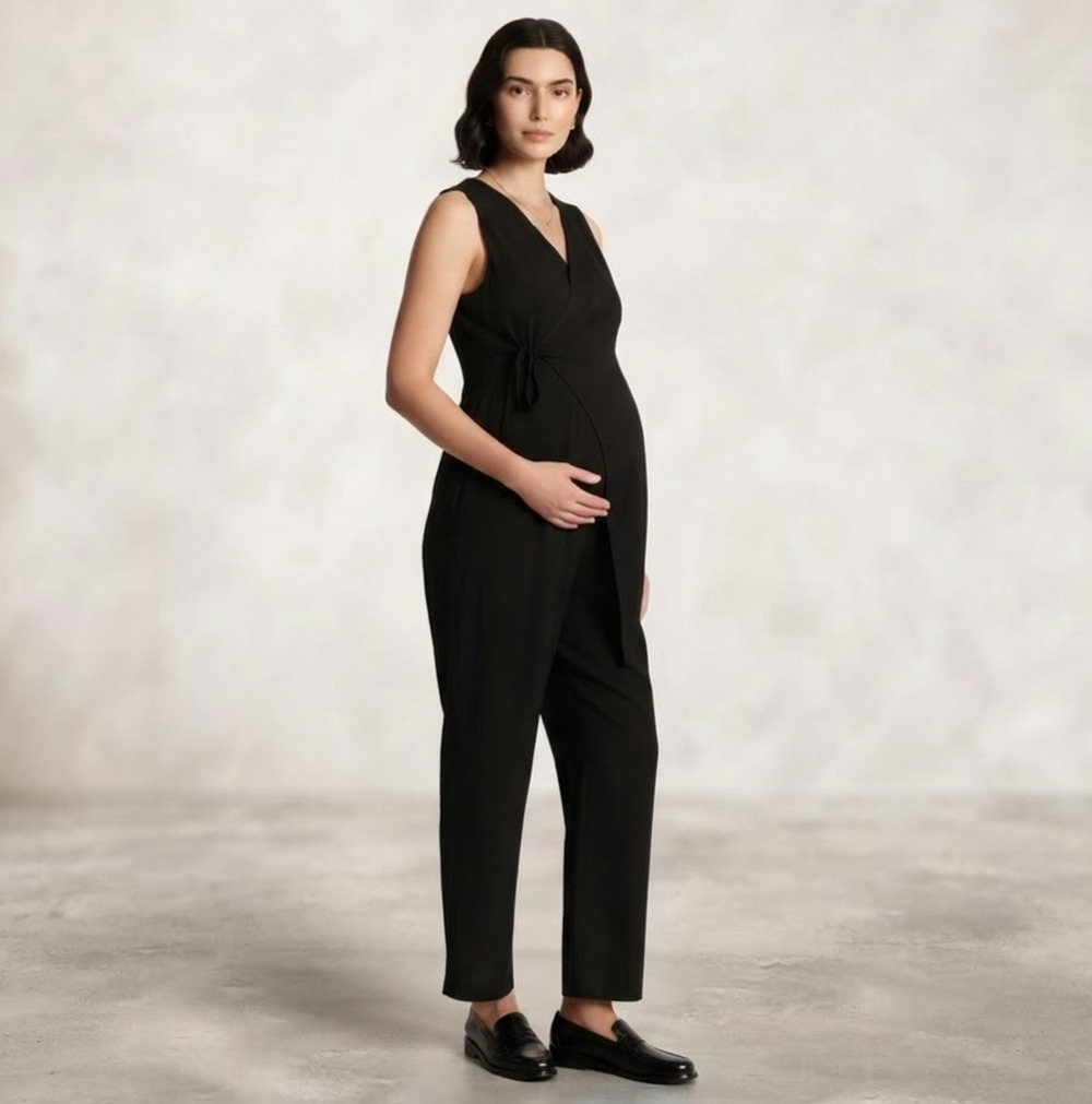 NOM Ines Maternity Jumpsuit S Black Wrap Top Sleeveless Bamboo Nursing Wide Leg